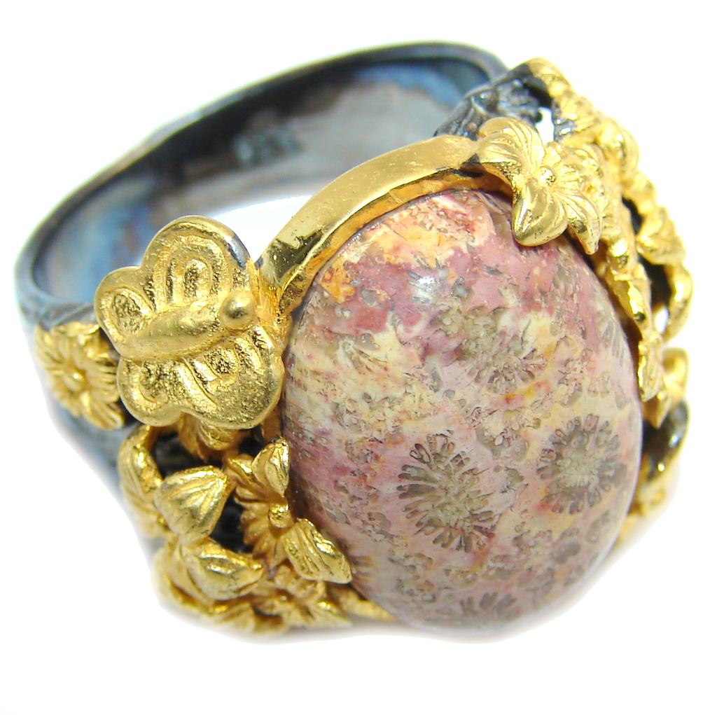Amazing Brown Fossilized Coral, Gold & Rhodium Plated Sterling Silver ring s 8