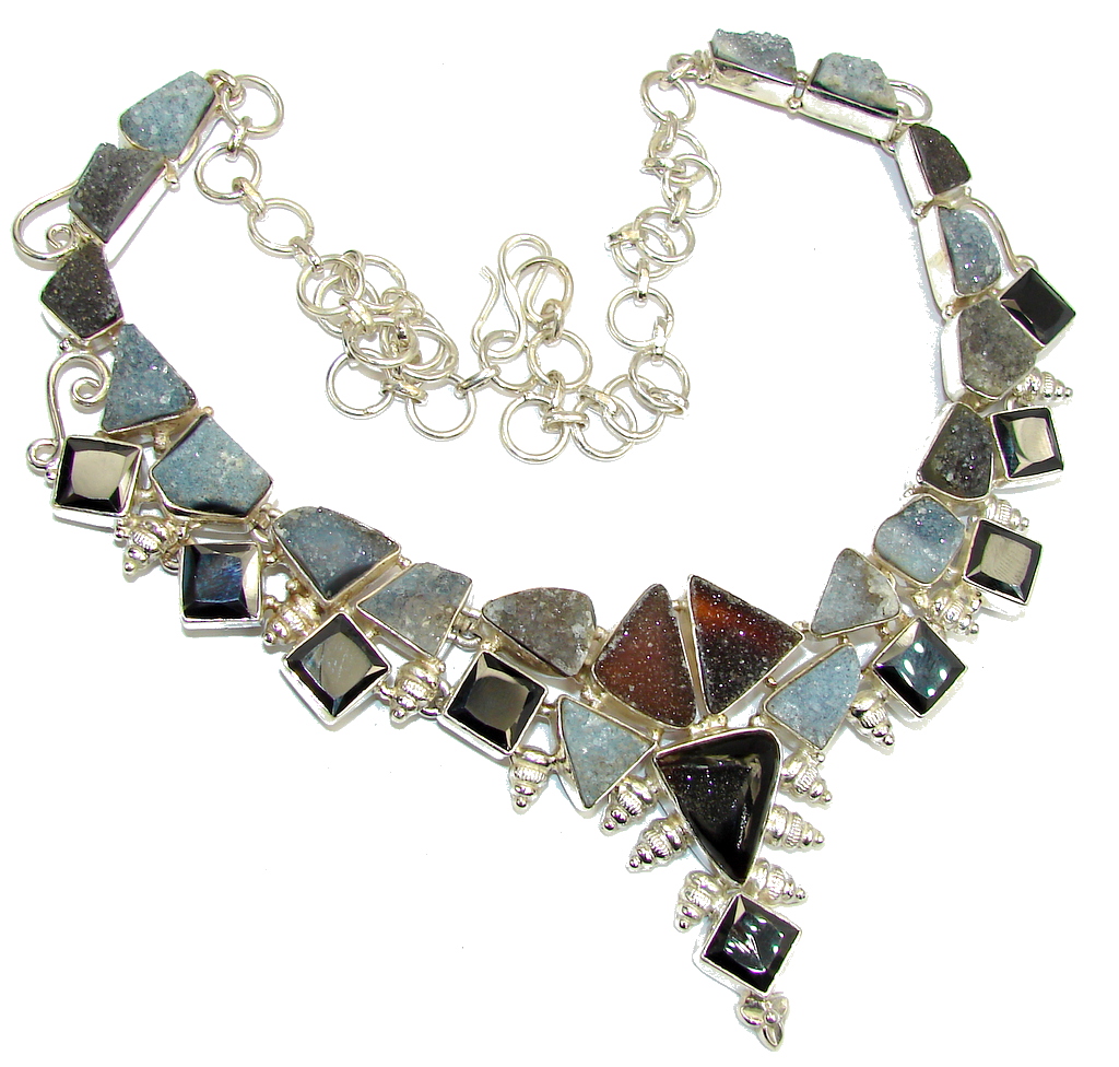 Aura Of Beauty! Multicolor Druzy Agate & Hematite Sterling Silver necklace