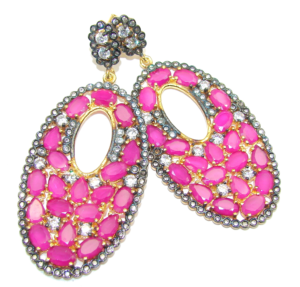 Large! Stunning Pink Ruby & White Topaz, Gold Plated Sterling Silver earrings