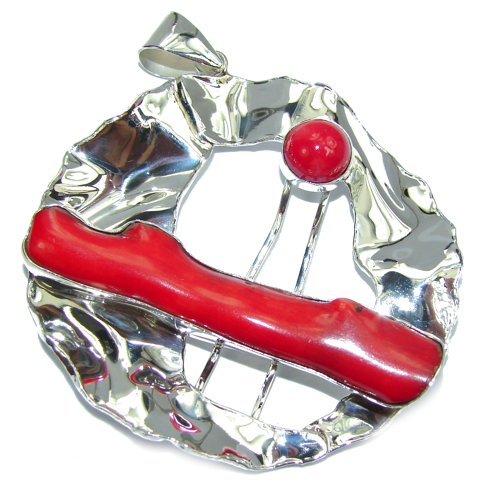 Huge True Love Red Fossilized Coral hammered Sterling Silver pendant