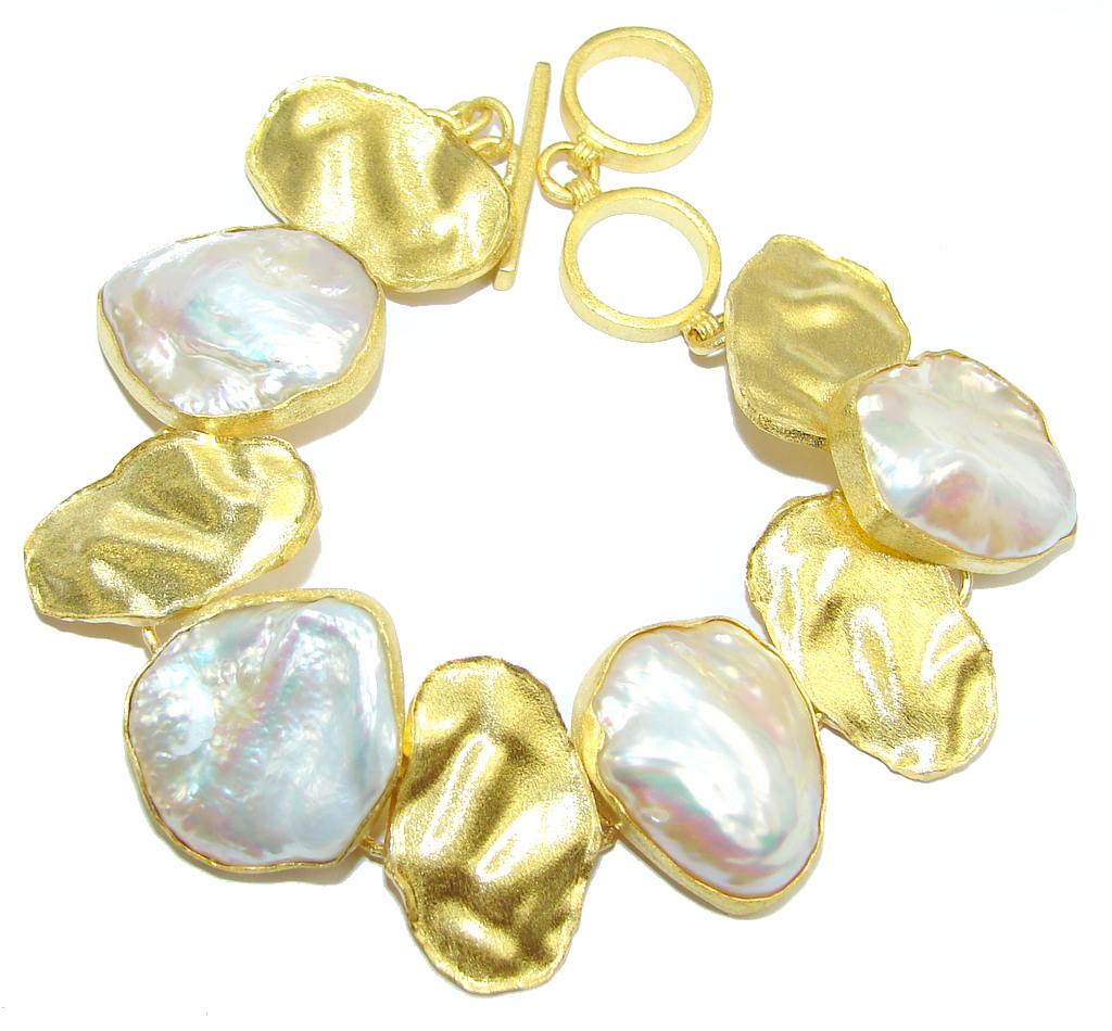 Pale Beauty Mother Of Pearl Gold over Hammered Sterling Silver Bracelet