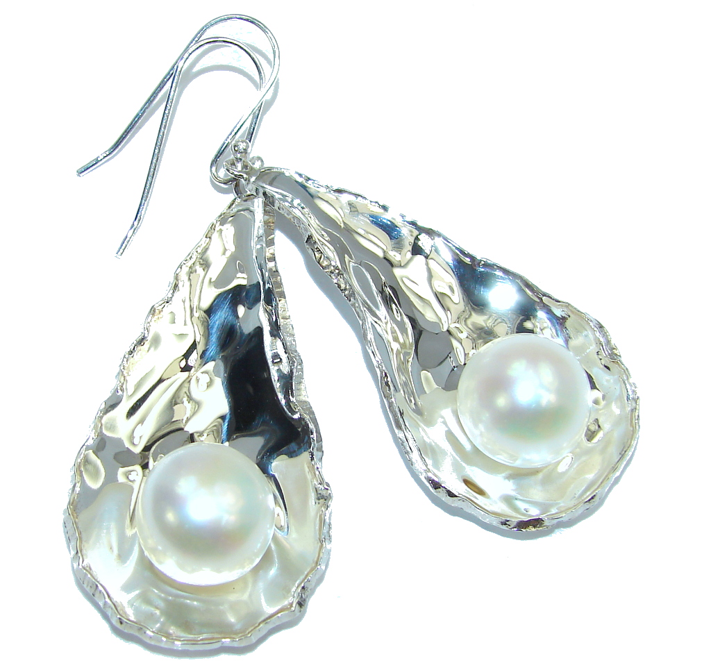 Big Delicate Fresh Water Pearl Hammered Sterling Silver earrings