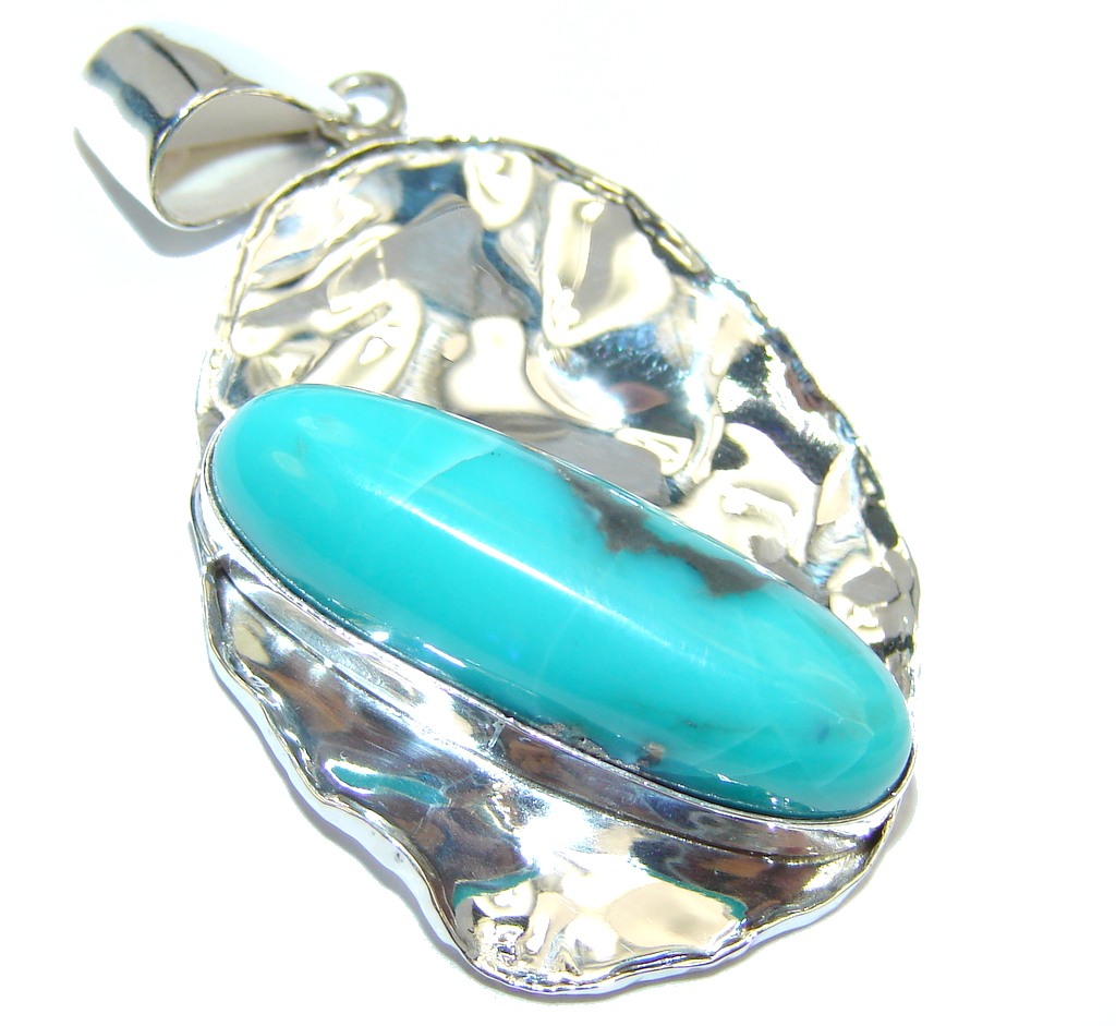 Authentic Blue Turquoise Hammered Sterling Silver Pendant
