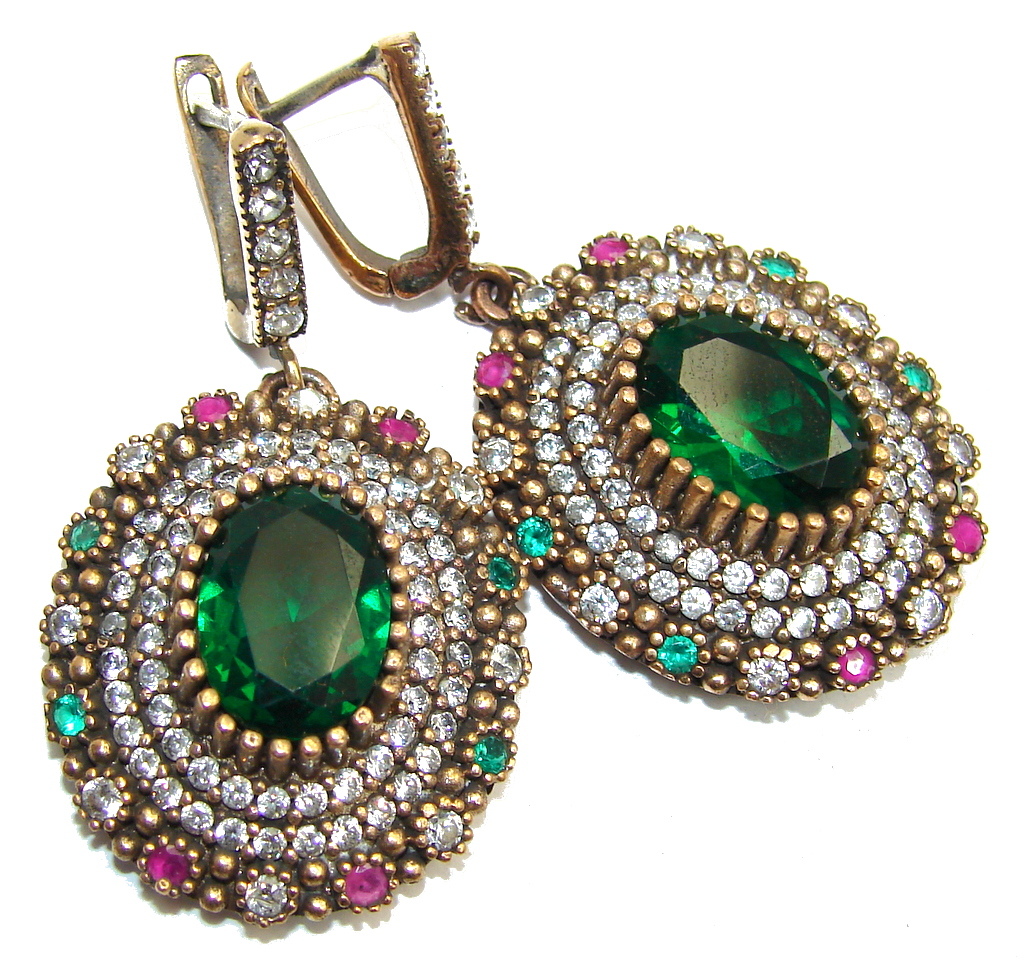 Victorian Style Created Emerald & White Topaz Sterling Silver earrings