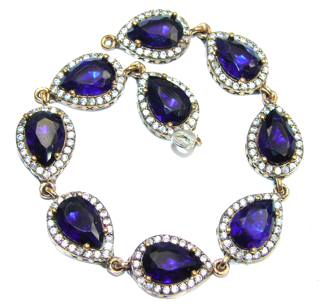 Victorian Style Created Blue Sapphire & White Topaz Sterling Silver Bracelet