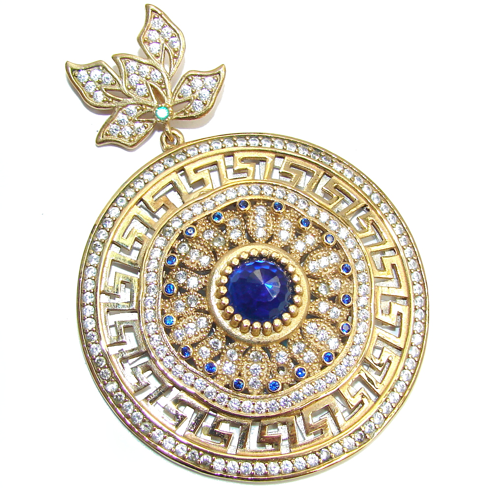 Large Victorian Style Created Blue Sapphire & White Topaz Sterling Silver Pendant