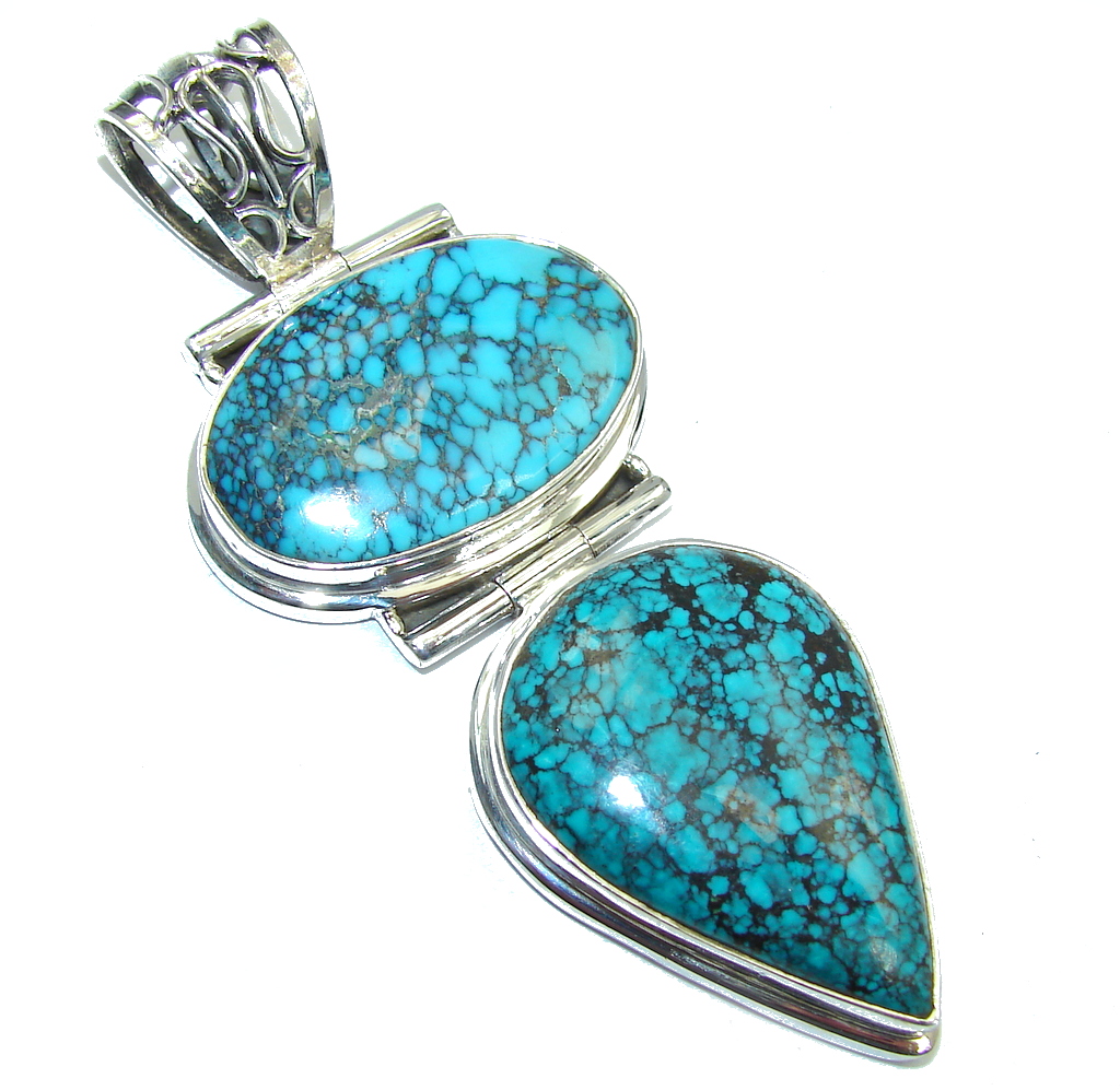 Huge Spider Web Blue Turquoise Sterling Silver Pendant