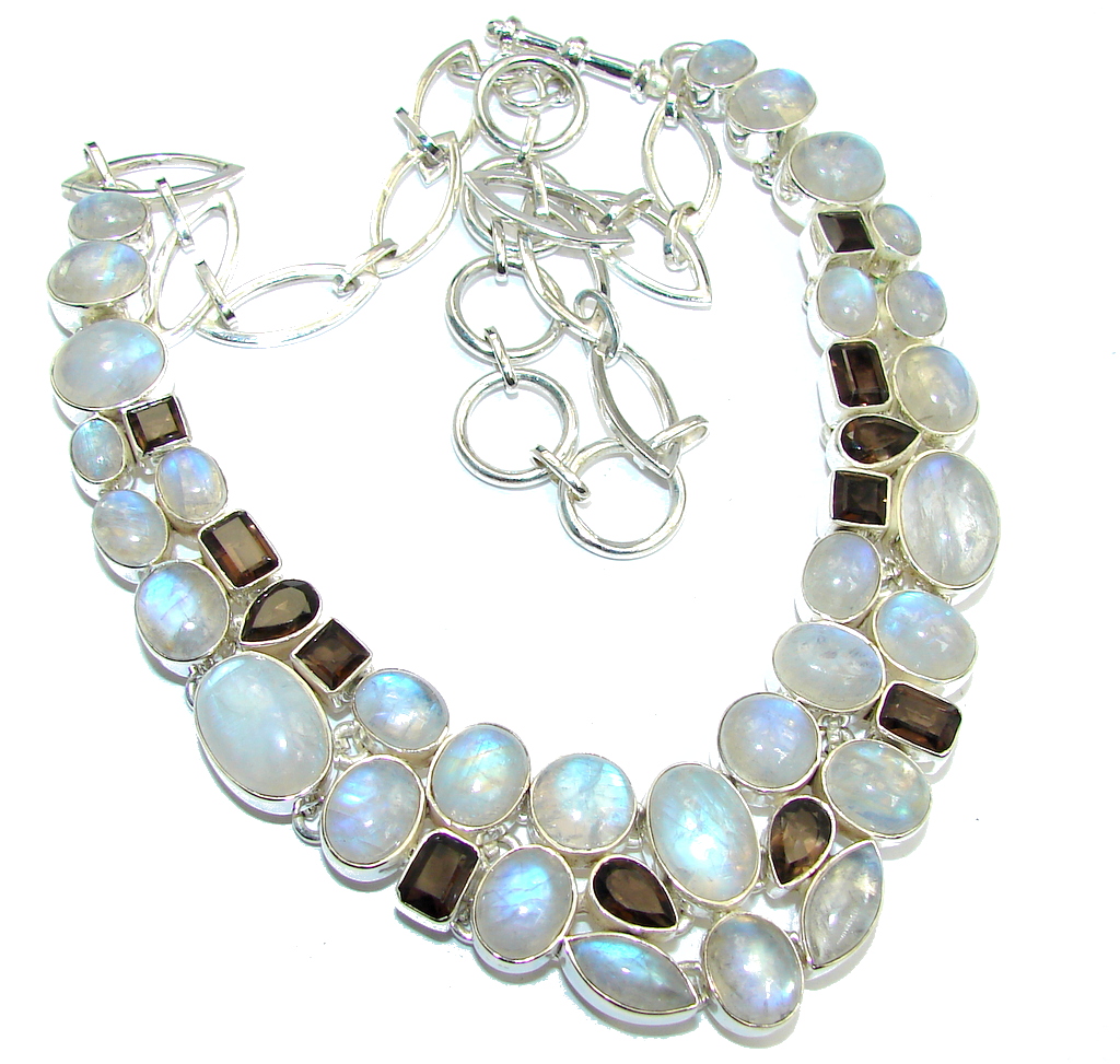 AAA quality White Fire Moonstone & Smoky Topaz Sterling Silver necklace