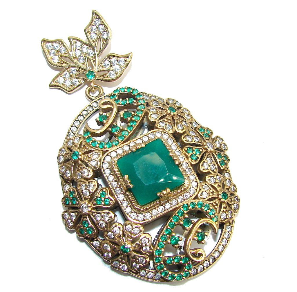 Big Victorian Style Emerald & White Topaz Sterling Silver Pendant