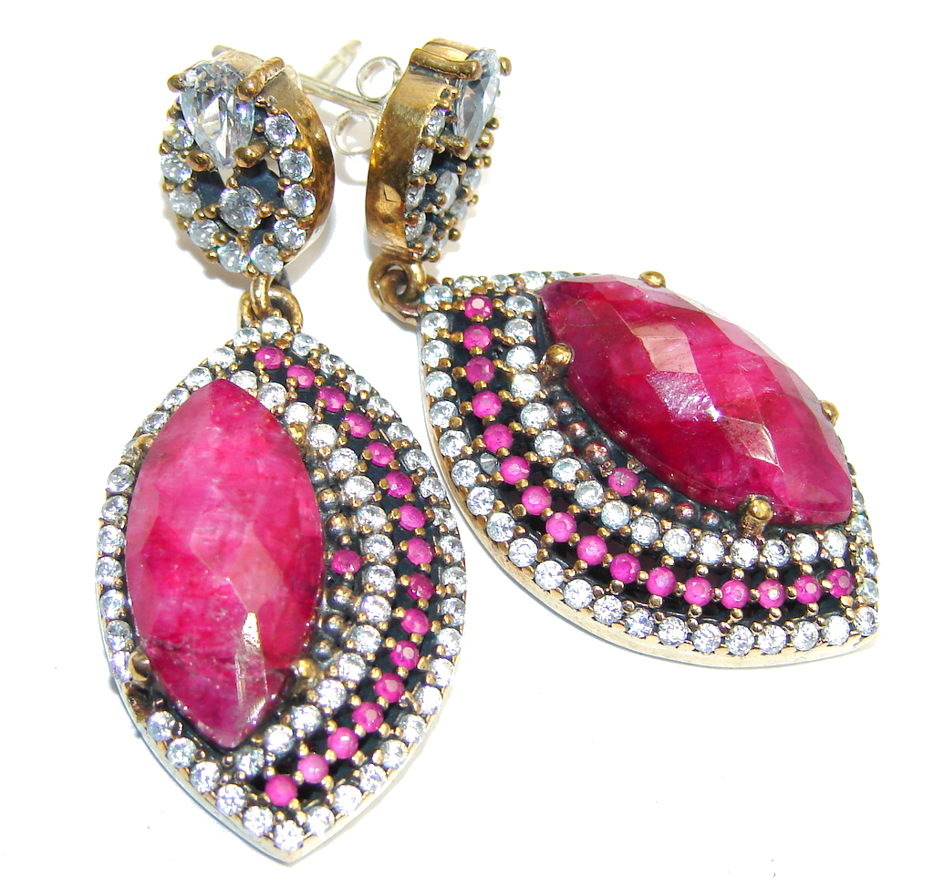 Victorian Style Red Ruby & White Topaz Sterling Silver earrings