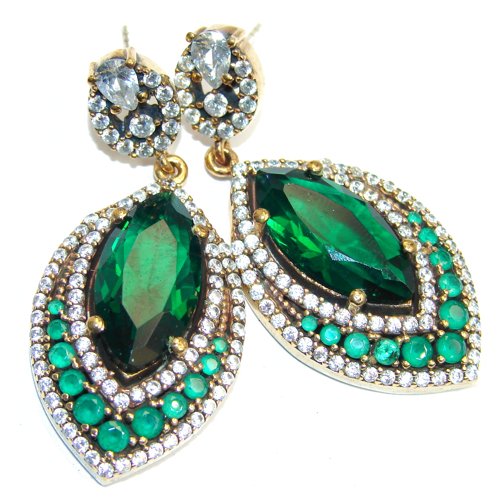 Big Victorian Style Created Emerald & White Topaz Sterling Silver earrings