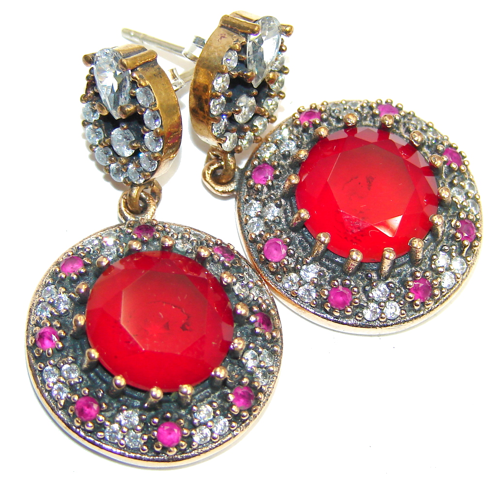 Victorian Style created Red Ruby & White Topaz Sterling Silver earrings