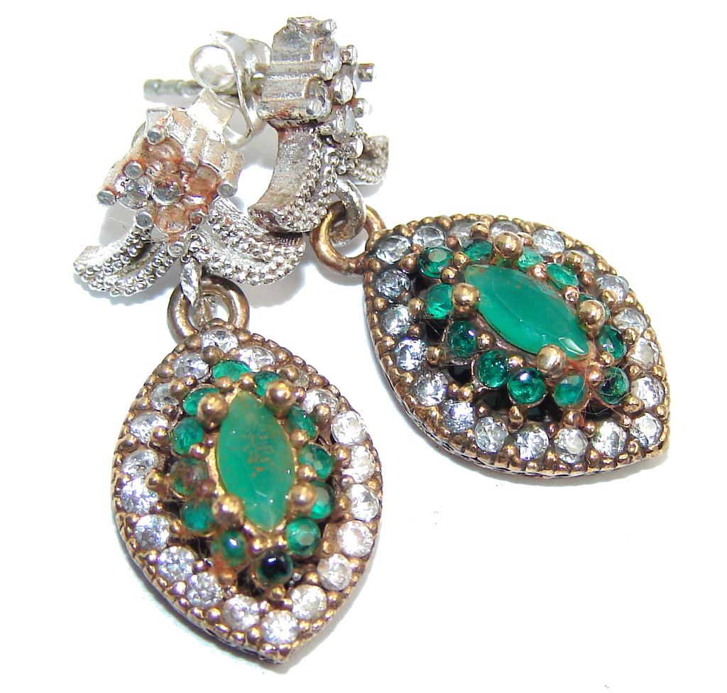 Victorian Style Created Emerald & White Topaz Sterling Silver earrings