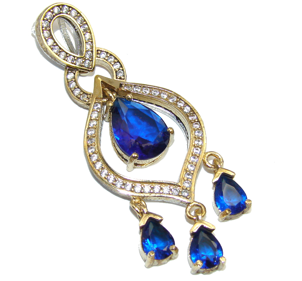 Perfect created Sapphire & White Topaz Sterling Silver Pendant