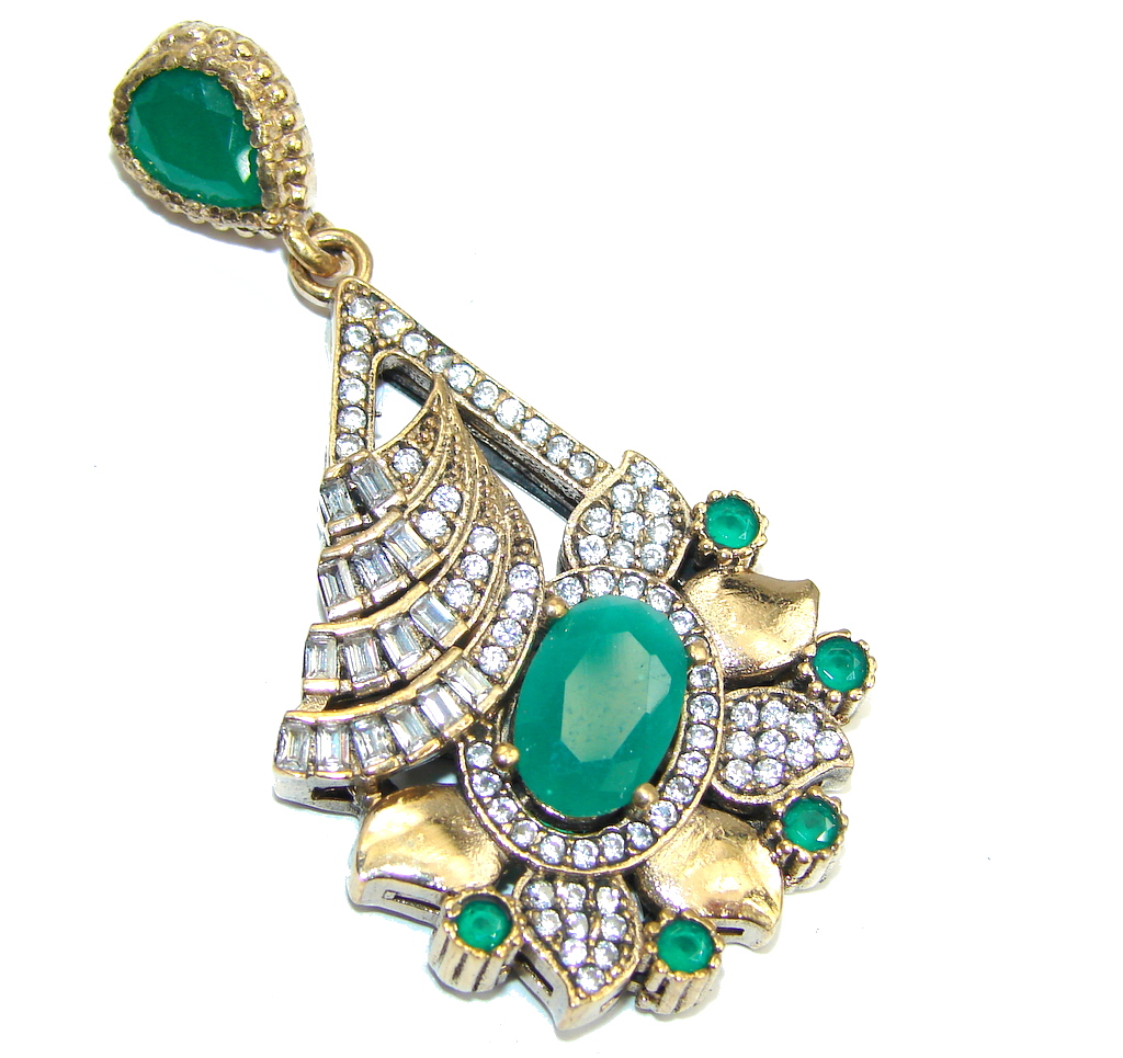 Perfect created Emerald & White Topaz Sterling Silver Pendant