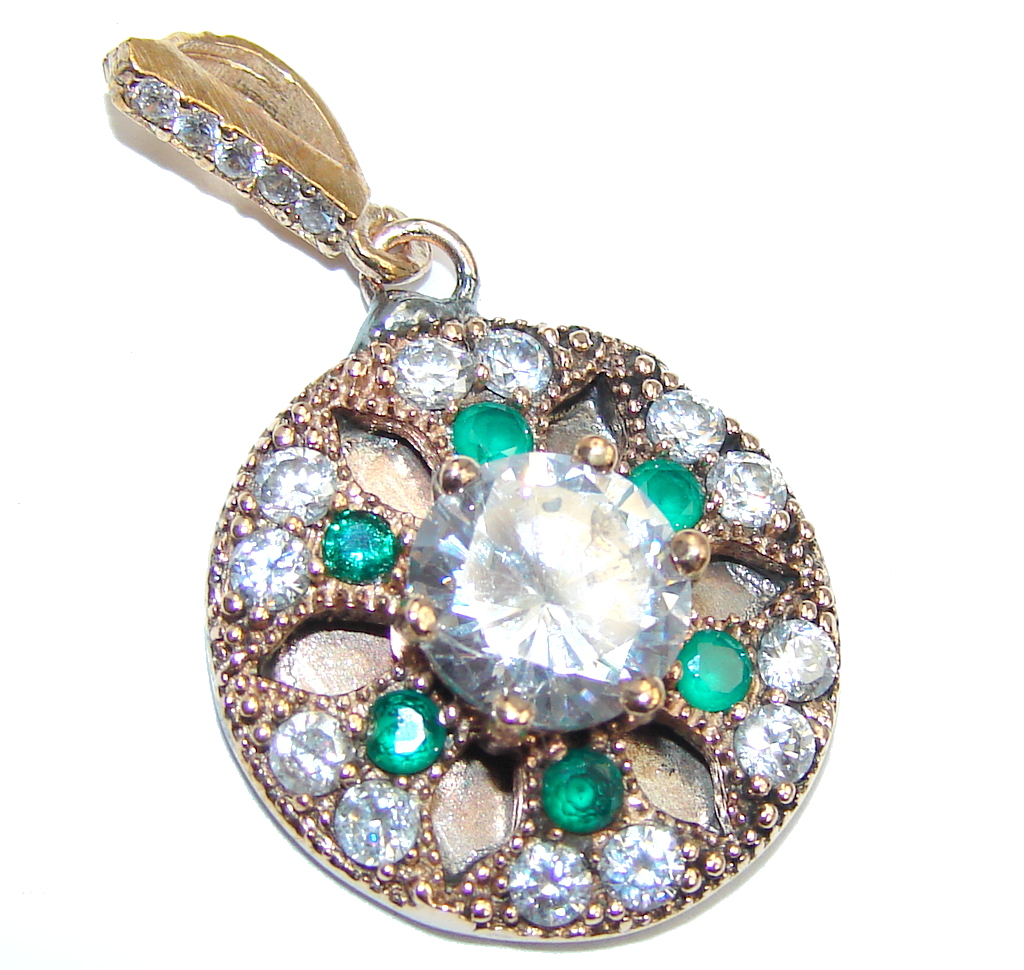 Perfect created Emerald & White Topaz Sterling Silver Pendant
