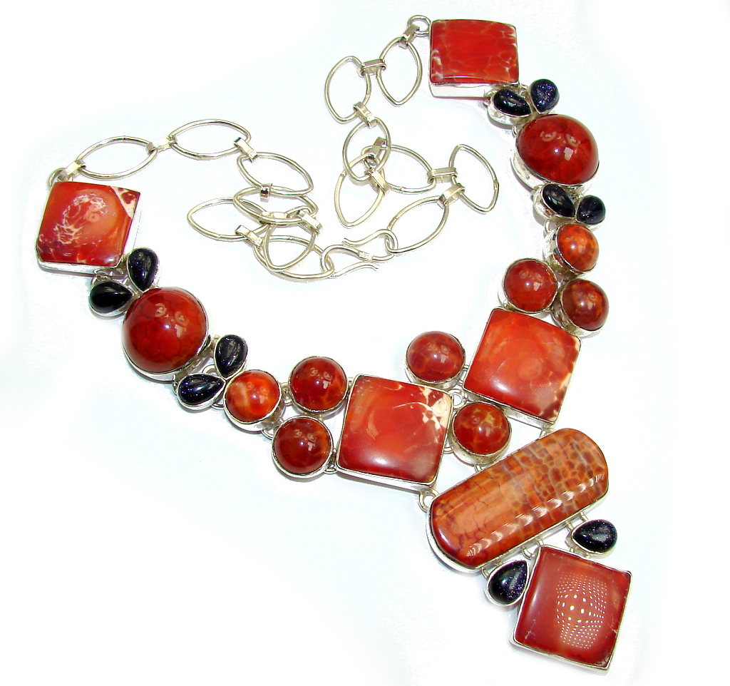 Giant! Chunky Aura Of Beauty Mexican Fire Agate Sterling Silver necklace