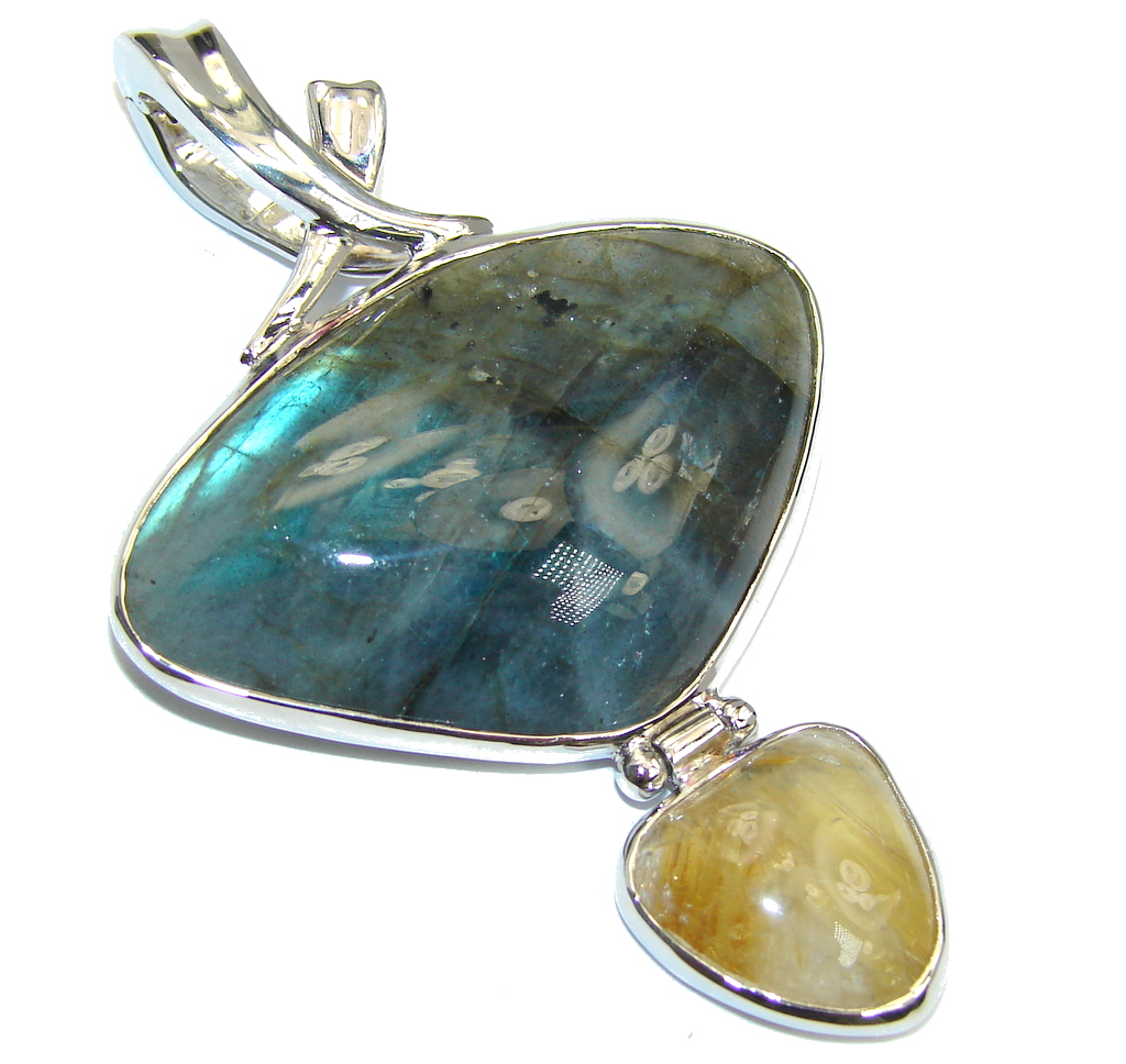 Big Genuine Blue Fire Labradorite & Golden Rutilated Quartz Sterling Silver Pendant
