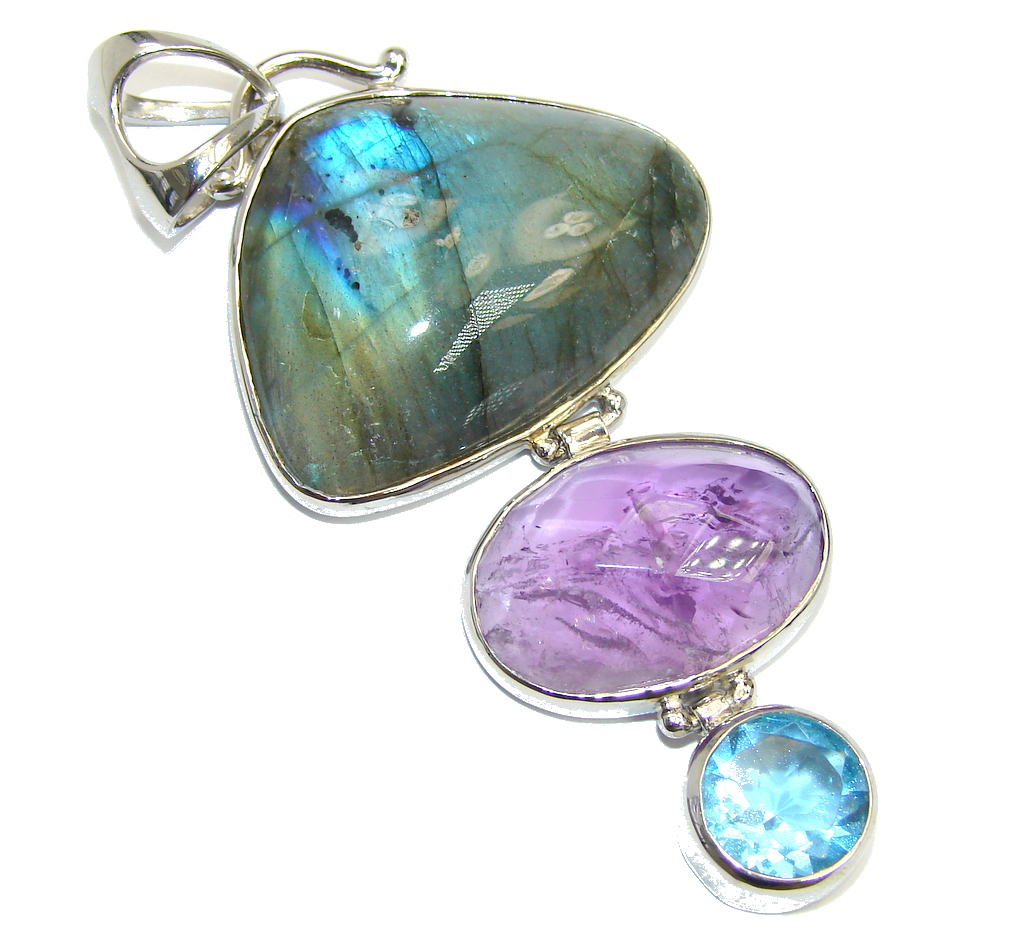 Big Genuine Blue Fire Labradorite & Amethyst Sterling Silver Pendant