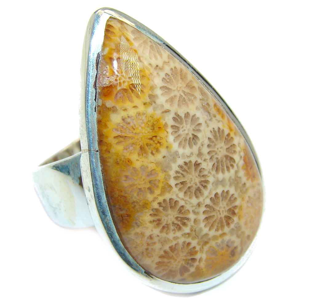 Amazing Brown Fossilized Coral Sterling Silver ring s. 7