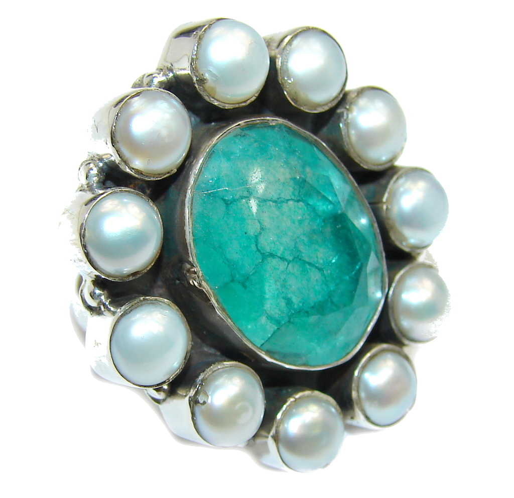 Green Emerald Pearl Sterling Silver Ring s. 7 1/4