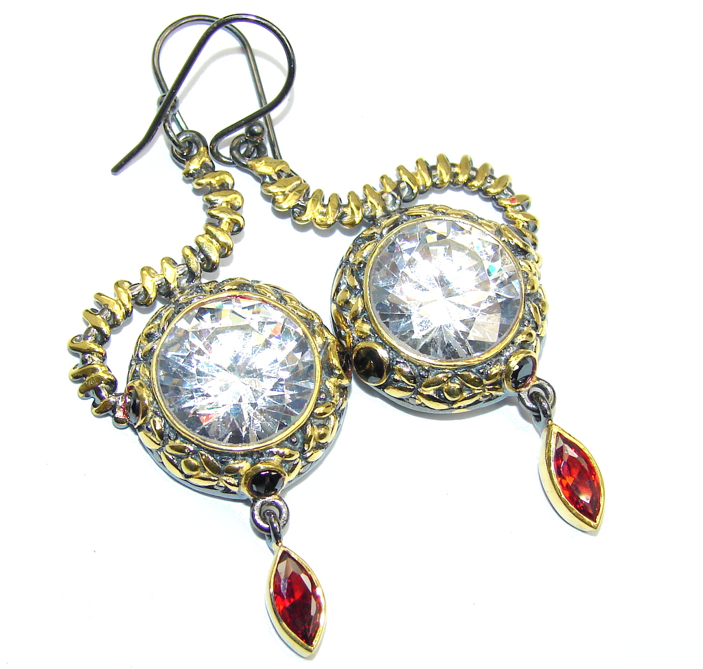 Amazing handcrafted Topaz Garnet Gold rhodium plated Sterling Silver earrings