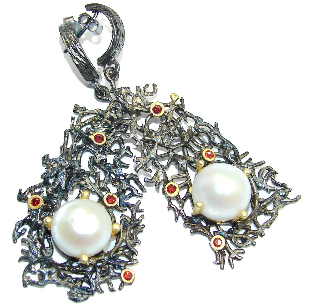 Big! Very Elegant Black Fresh Water Pearl Gold Rhodium Plated Sterling Silver earrings