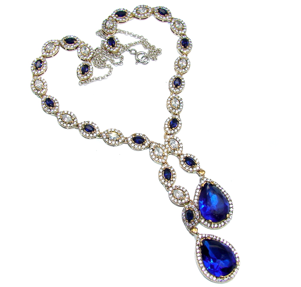 Victorian Style Created Blue Sapphire & White Topaz Sterling Silver necklace