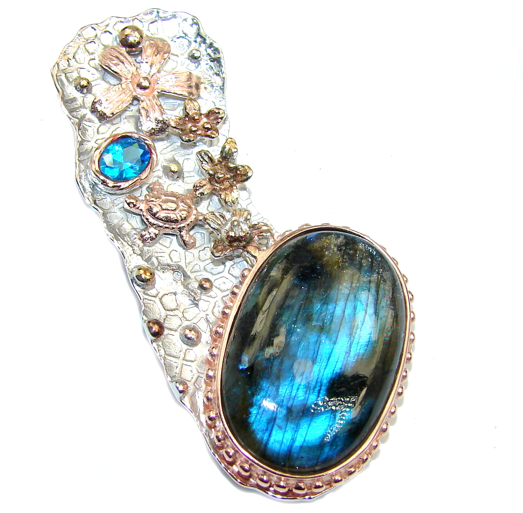 Big Genuine Blue Fire Labradorite Rose Gold over Sterling Silver Pendant