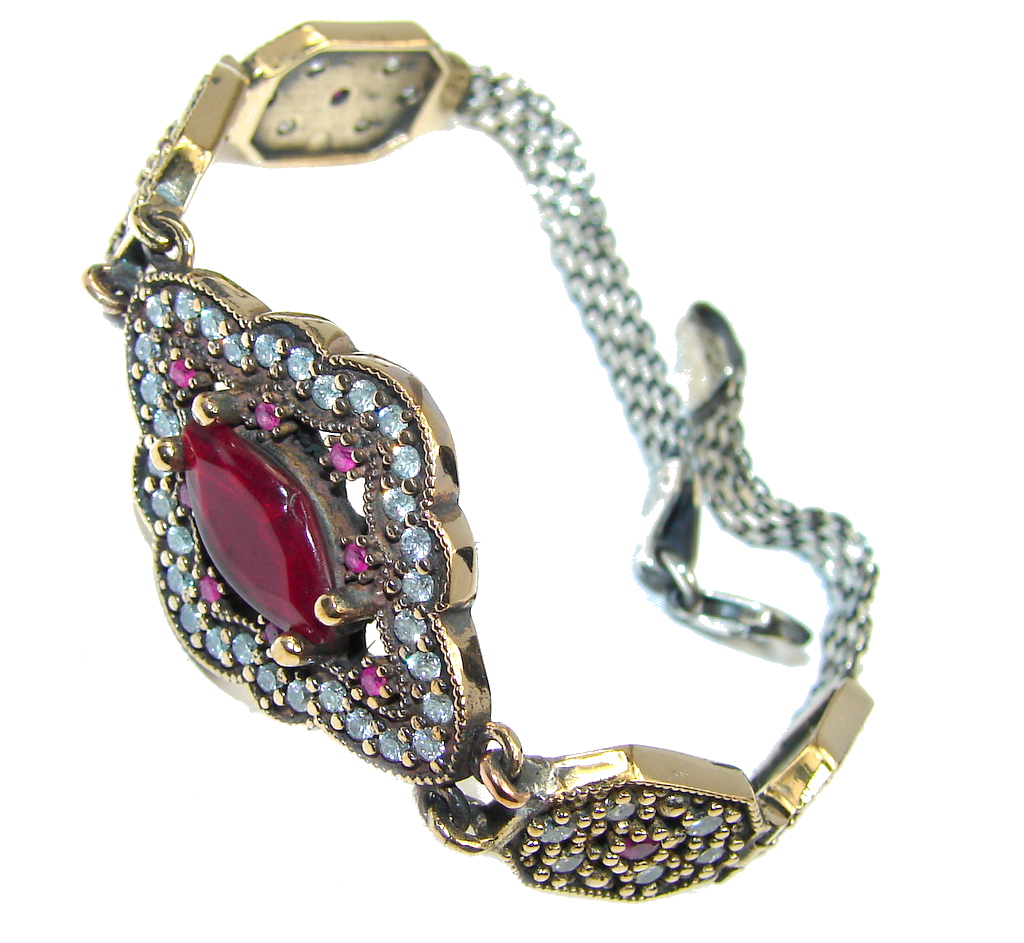 Victorian Style created Ruby & White Topaz Sterling Silver Bracelet