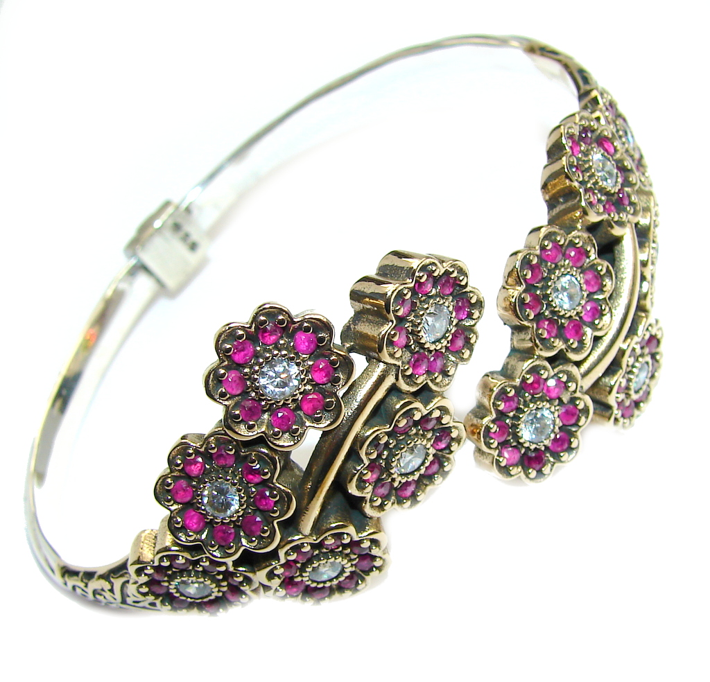 Victorian Style created Red Ruby & White Topaz Sterling Silver Bracelet