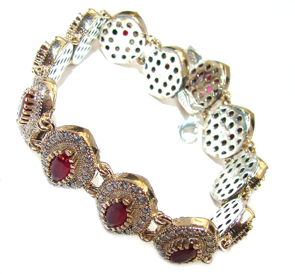 Victorian Style created Red Ruby & White Topaz Sterling Silver Bracelet