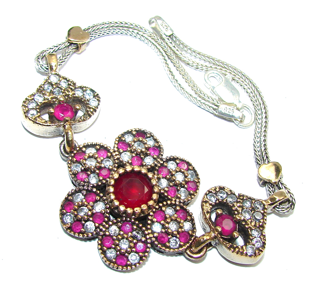 Victorian Style created Red Ruby & White Topaz Sterling Silver Bracelet