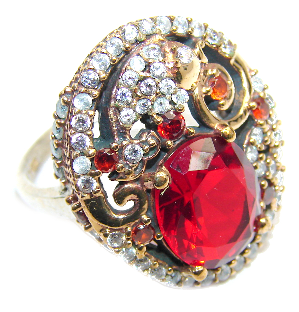 Victorian Style Garnet Quartz & White Topaz Sterling Silver Ring s. 7 1/2