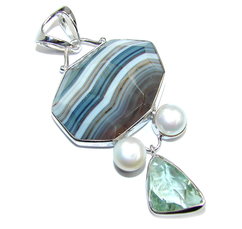 Big Natural AAA Lace Black Botswana Agate Sterling Silver Pendant