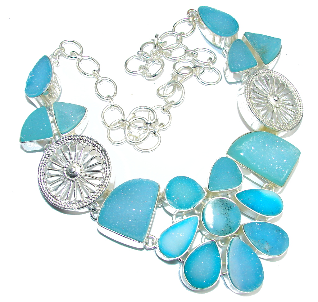 Giant! Deep Ocean Blue Agate Druzy Sterling Silver necklace