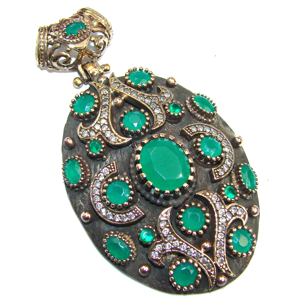 Perfect created Emerald & White Topaz Sterling Silver Pendant