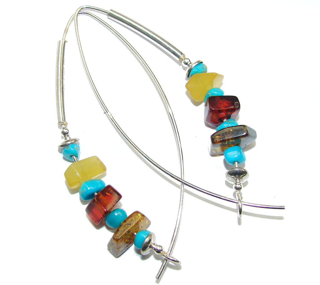 Genuine Long Baltic Polish Amber Sleeping Beauty Turquoise Sterling Silver Earrings