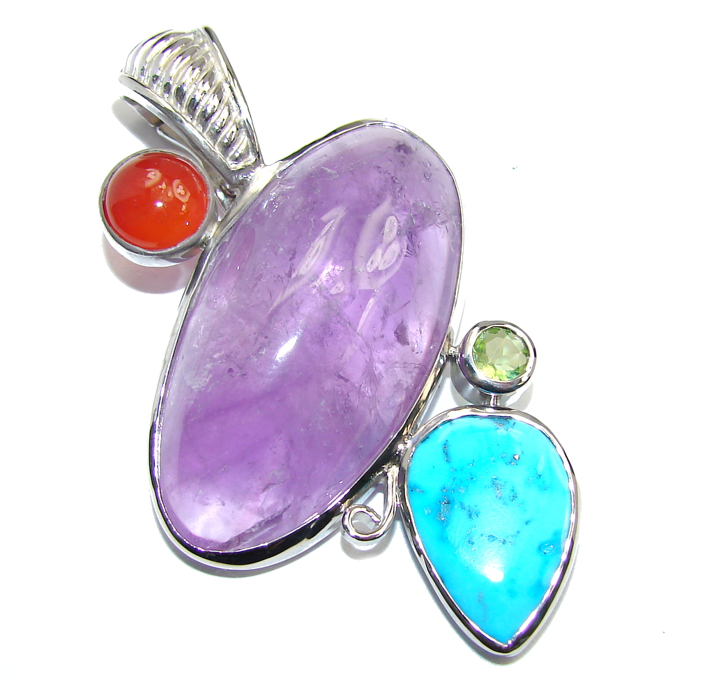 Big Natural AAA African Amethyst Sleeping Beauty Turquoise Sterling Silver Pendant
