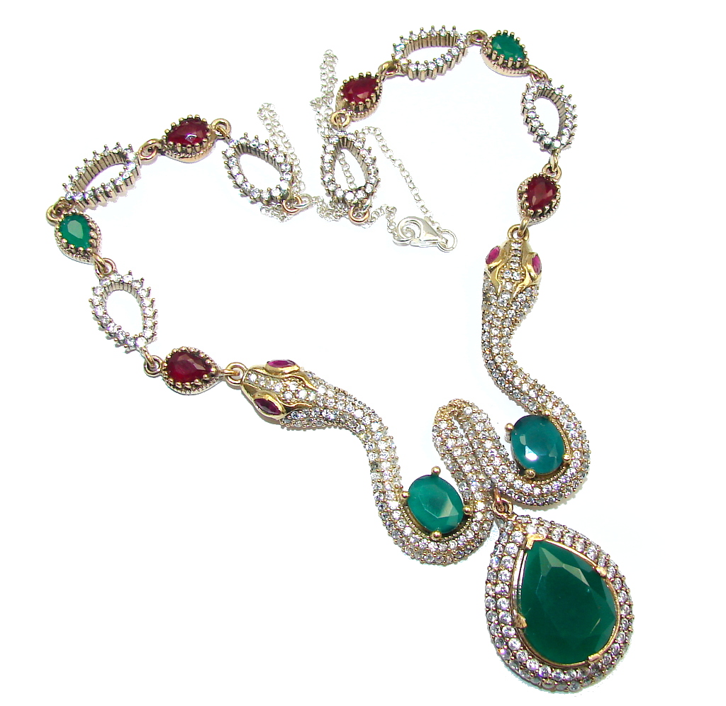 Victorian Style Snakes Green Emerald & White Topaz Sterling Silver necklace
