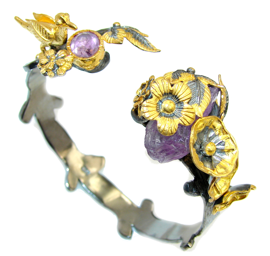 Stunning Rough Amethyst Gold Black Rhodium Plated over Sterling Silver Bracelet / Cuff