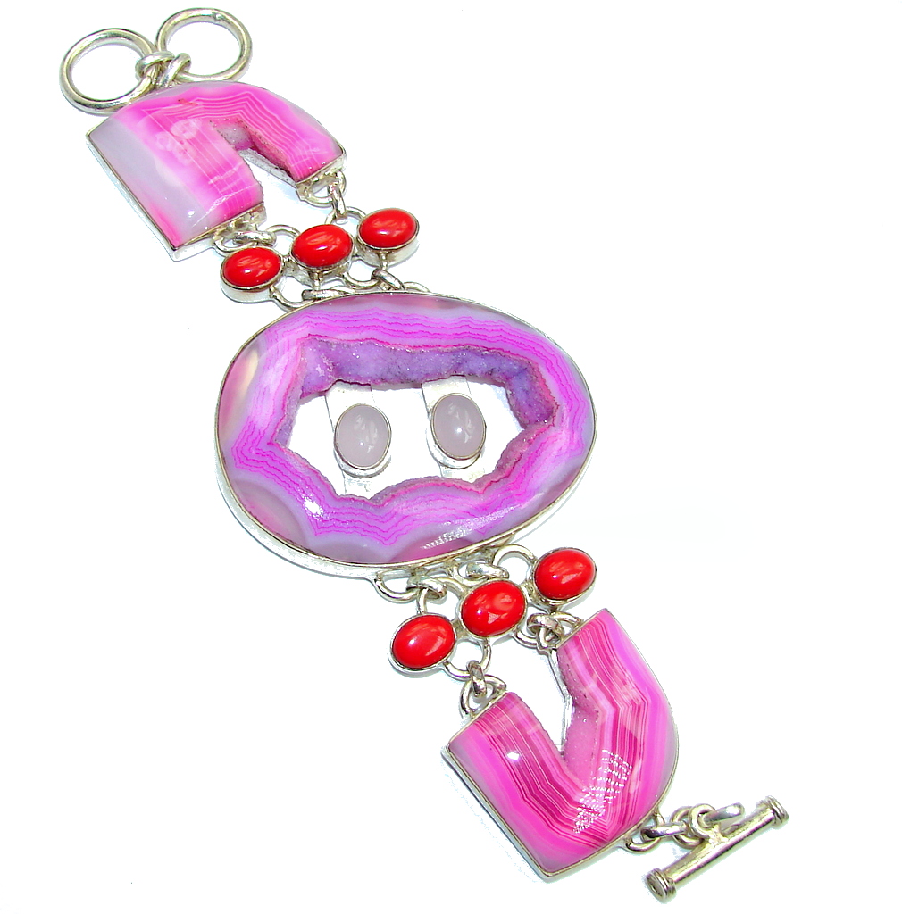 Secret Handcrafted Pink Agate Druzy Sterling Silver Bracelet