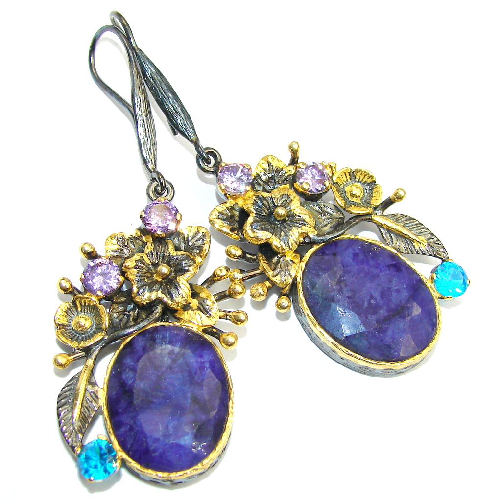 Blooming Garden Blue Sapphire Gold Black Rhodium over Sterling Silver earrings