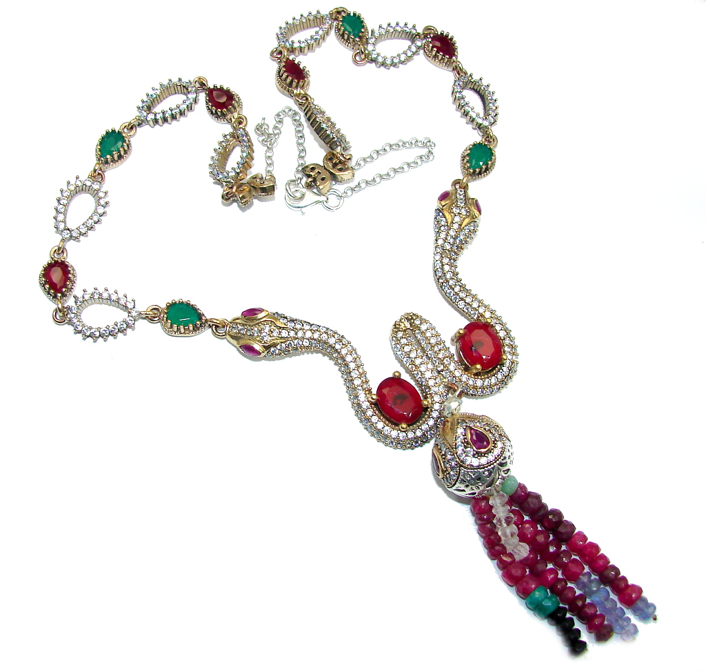 Victorian Style Snakes Green Emerald quartz & White Topaz Sterling Silver necklace