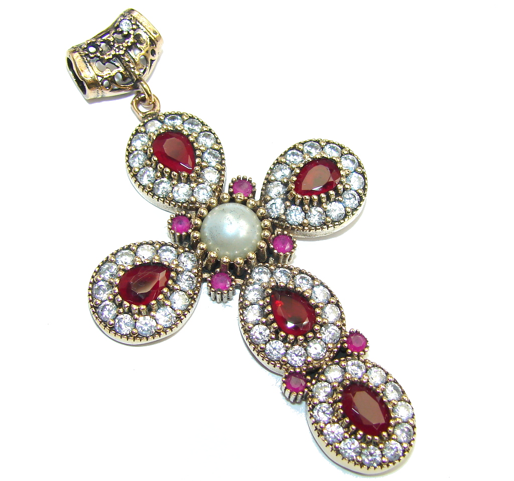 Big Victorian Style created Ruby & White Topaz Sterling Silver Pendant / Cross
