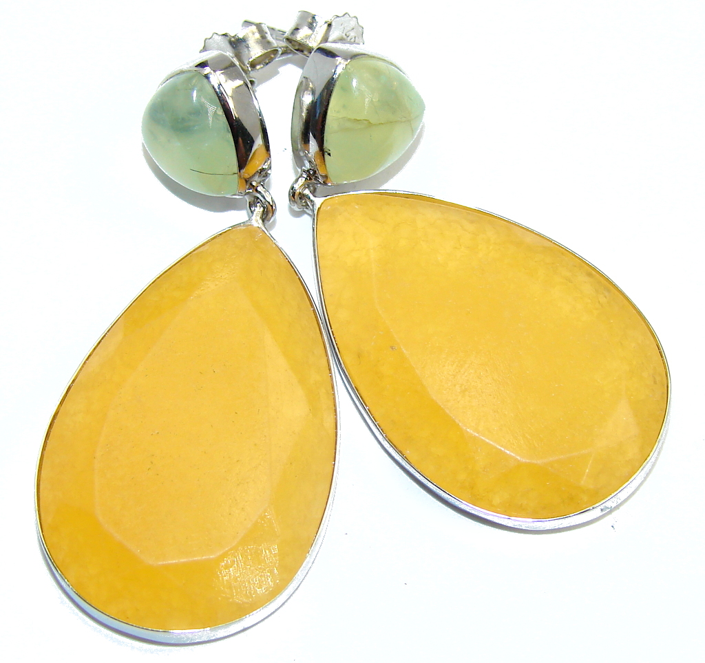 Large Excellent Golden Calcite Prehnite Sterling Silver earrings