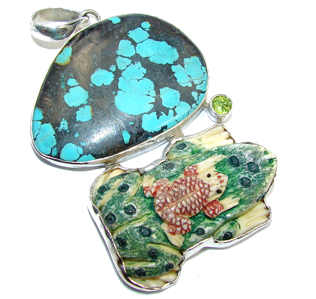 Big! Fashion Frog Carved Ox Bone Turquoise handcrafted Sterling Silver Pendant