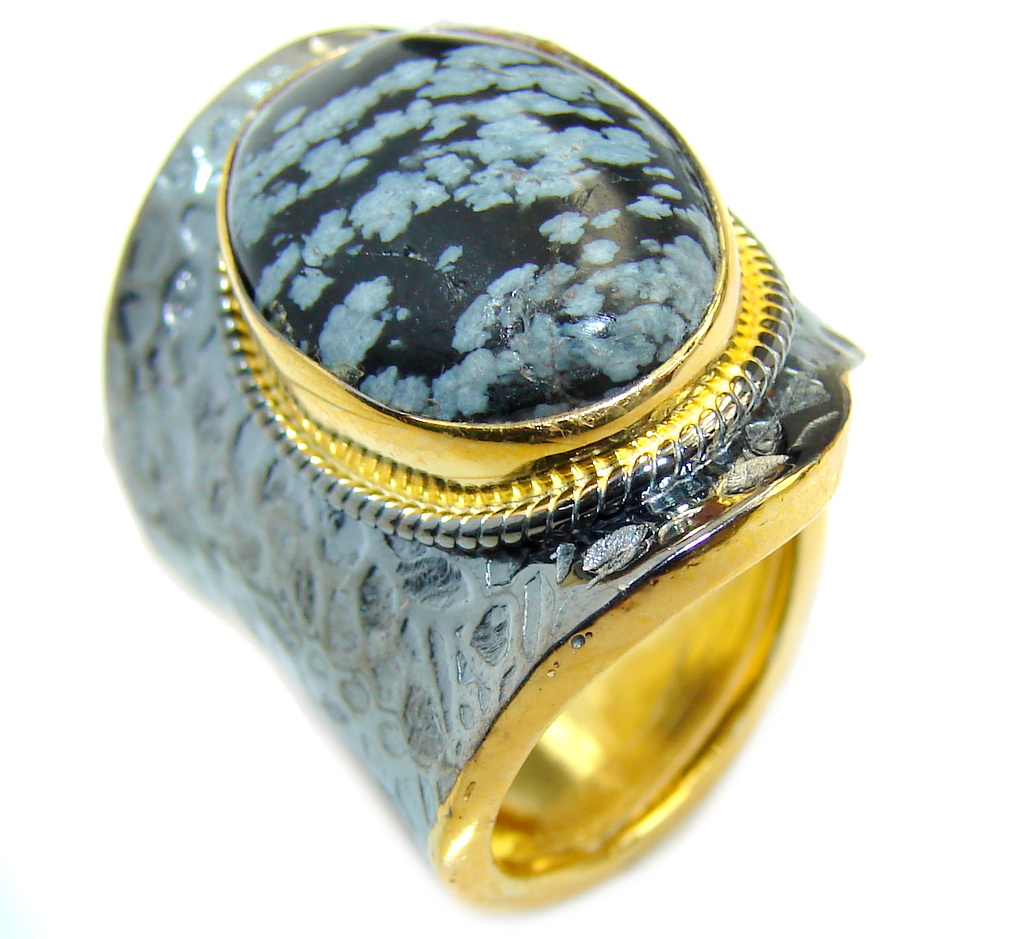 Black Snowflake Obsidian Gold Rhodium plated over Sterling Silver ring s. 7 adjustable