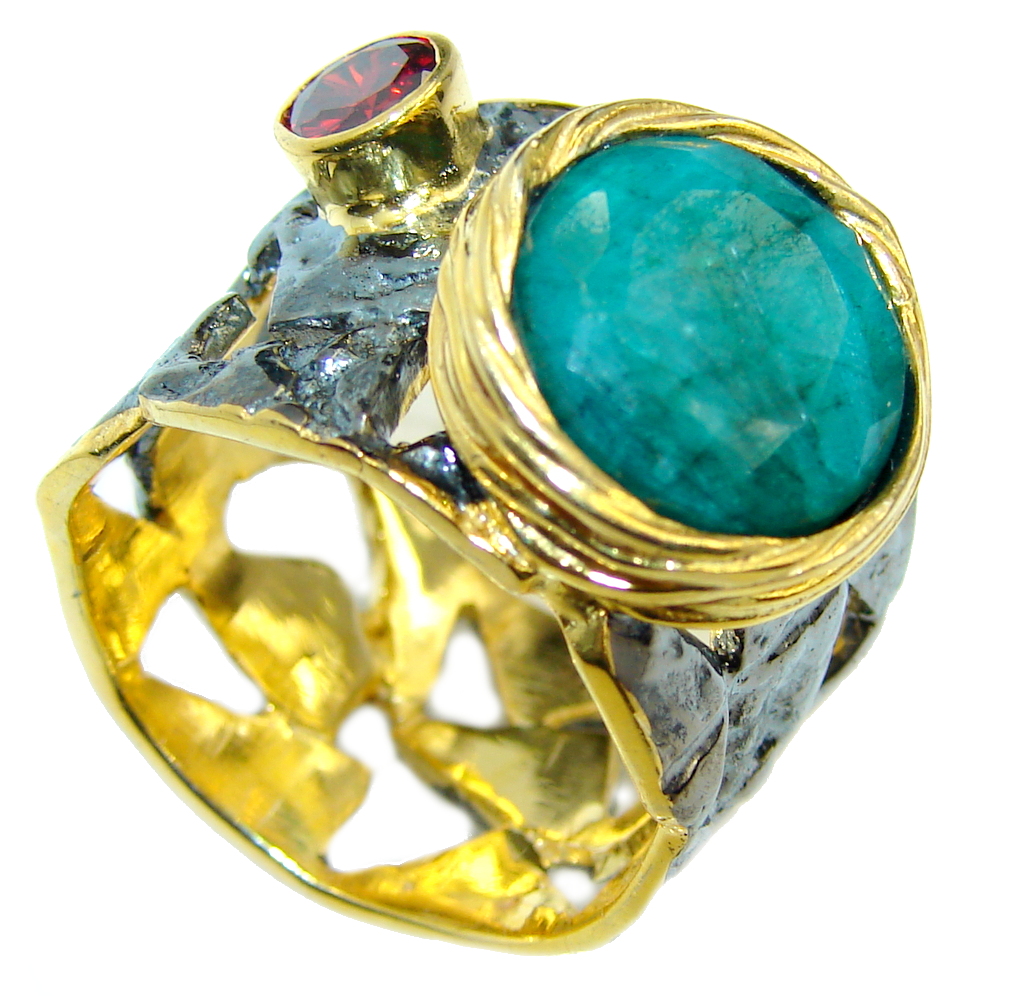 Perfect Green Emerald Gold Rhodium obver Sterling Silver Ring s. 8
