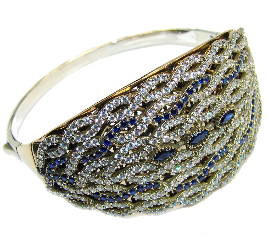 Vintage Style created Sapphire Sterling Silver Bracelet / Cuff